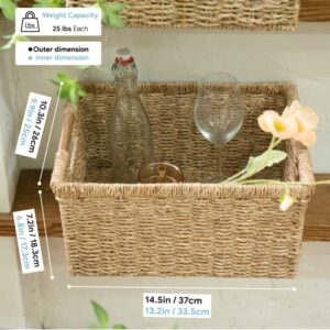 Large Wicker Basket Rectangular with Wooden Handles for Shelves, Seagrass Basket Storage, Natural Baskets for Organizing, Wicker Baskets for Storage - 3 Pack Large