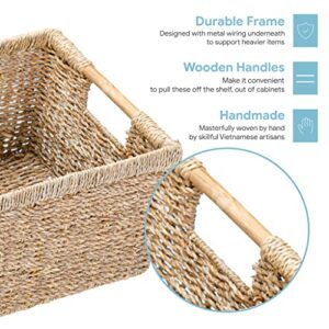 Large Wicker Basket Rectangular with Wooden Handles for Shelves, Seagrass Basket Storage, Natural Baskets for Organizing, Wicker Baskets for Storage - 3 Pack Large
