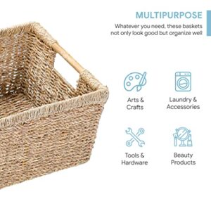 Large Wicker Basket Rectangular with Wooden Handles for Shelves, Seagrass Basket Storage, Natural Baskets for Organizing, Wicker Baskets for Storage - 3 Pack Large