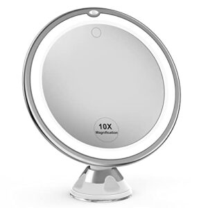 updated 10x magnifying lighted makeup mirror with touch control led lights, 360 degree rotating arm, and powerful locking suction cup, portable magnifying mirror for home, bathroom vanity, and travel