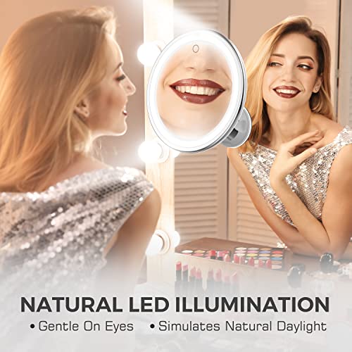 Updated 10x Magnifying Lighted Makeup Mirror with Touch Control LED Lights, 360 Degree Rotating Arm, and Powerful Locking Suction Cup, Portable Magnifying Mirror for Home, Bathroom Vanity, and Travel