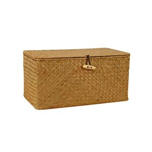 yifanzhibian multifunction seagrass basket, woven storage baskets, handwoven rectangular straw basket, stackable and hyacinth basket with lid for home organization (large, caramel color)