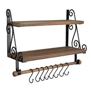 Halcent Floating Shelves Wall Mounted Storage Shelves, 2-Tier Rustic Farmhouse Wood Wall Shelf Kitchen Spice Rack Bathroom Shelf with Towel Bar and 8 Hooks