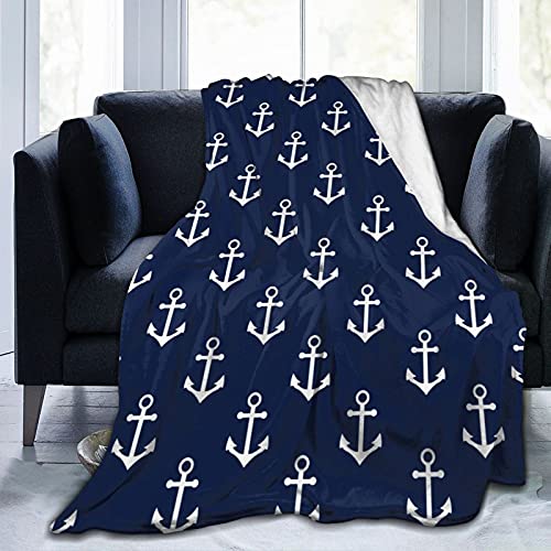 Navy Blue Nautical Anchor Pattern Flannel Fleece Throw Blankets for Bed Sofa Living Room Soft Blanket Warm Cozy Fluffy Throw Plush Blanket