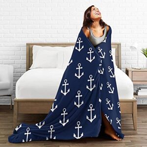 Navy Blue Nautical Anchor Pattern Flannel Fleece Throw Blankets for Bed Sofa Living Room Soft Blanket Warm Cozy Fluffy Throw Plush Blanket