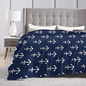 Navy Blue Nautical Anchor Pattern Flannel Fleece Throw Blankets for Bed Sofa Living Room Soft Blanket Warm Cozy Fluffy Throw Plush Blanket