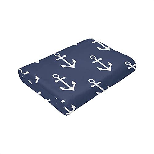 Navy Blue Nautical Anchor Pattern Flannel Fleece Throw Blankets for Bed Sofa Living Room Soft Blanket Warm Cozy Fluffy Throw Plush Blanket