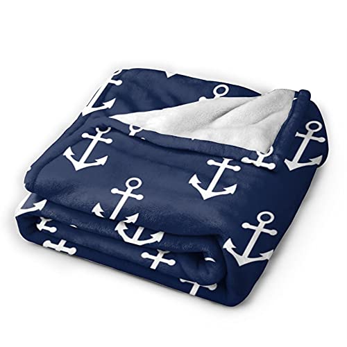 Navy Blue Nautical Anchor Pattern Flannel Fleece Throw Blankets for Bed Sofa Living Room Soft Blanket Warm Cozy Fluffy Throw Plush Blanket