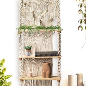 LIVALAYA 3-Tier Macrame Wall Hanging Shelf for Boho Hanging Wall Decor Shelves for Bedroom Bathroom, Nursery Bohemian Shelf for Cute Indoor Plants, Farmhouse Woven Rope Picture Holder Boho Bookshelf