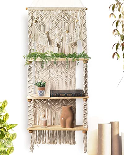 LIVALAYA 3-Tier Macrame Wall Hanging Shelf for Boho Hanging Wall Decor Shelves for Bedroom Bathroom, Nursery Bohemian Shelf for Cute Indoor Plants, Farmhouse Woven Rope Picture Holder Boho Bookshelf