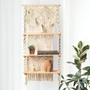 LIVALAYA 3-Tier Macrame Wall Hanging Shelf for Boho Hanging Wall Decor Shelves for Bedroom Bathroom, Nursery Bohemian Shelf for Cute Indoor Plants, Farmhouse Woven Rope Picture Holder Boho Bookshelf