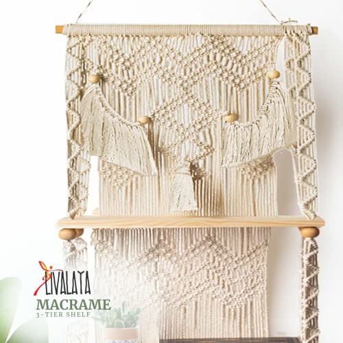 LIVALAYA 3-Tier Macrame Wall Hanging Shelf for Boho Hanging Wall Decor Shelves for Bedroom Bathroom, Nursery Bohemian Shelf for Cute Indoor Plants, Farmhouse Woven Rope Picture Holder Boho Bookshelf