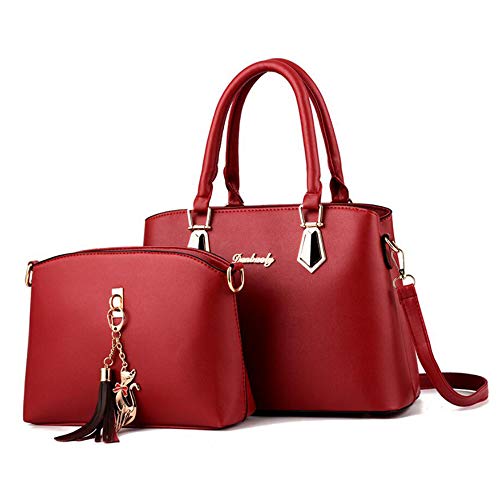 2-PC Set Satchel Tote Handbag for Women Crossbody Pouch Purse Shoulder Bag Strap Wine Red