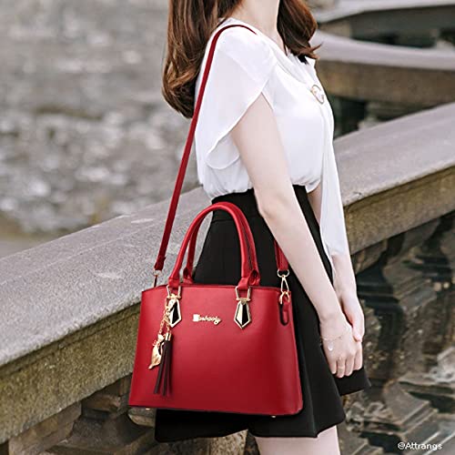 2-PC Set Satchel Tote Handbag for Women Crossbody Pouch Purse Shoulder Bag Strap Wine Red