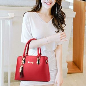 2-PC Set Satchel Tote Handbag for Women Crossbody Pouch Purse Shoulder Bag Strap Wine Red