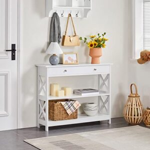 Yaheetech 3-Tier Entryway Table White Console Table with Drawer and 2 Storage Shelves, Wood Narrow Sofa Table for Entryway/Hallway/Living Room, 39.5in L x 12in W x 31.5in H