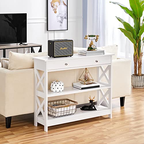 Yaheetech 3-Tier Entryway Table White Console Table with Drawer and 2 Storage Shelves, Wood Narrow Sofa Table for Entryway/Hallway/Living Room, 39.5in L x 12in W x 31.5in H