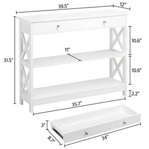 Yaheetech 3-Tier Entryway Table White Console Table with Drawer and 2 Storage Shelves, Wood Narrow Sofa Table for Entryway/Hallway/Living Room, 39.5in L x 12in W x 31.5in H