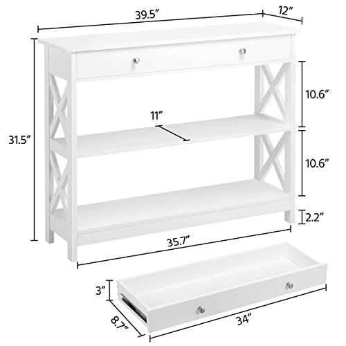 Yaheetech 3-Tier Entryway Table White Console Table with Drawer and 2 Storage Shelves, Wood Narrow Sofa Table for Entryway/Hallway/Living Room, 39.5in L x 12in W x 31.5in H