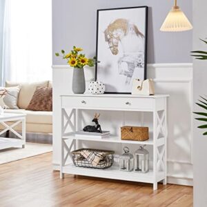 Yaheetech 3-Tier Entryway Table White Console Table with Drawer and 2 Storage Shelves, Wood Narrow Sofa Table for Entryway/Hallway/Living Room, 39.5in L x 12in W x 31.5in H