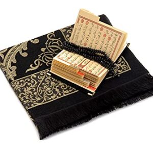 ihvan online Taffeta Fabric Muslim Prayer Rug & Velvet Covered Yaseen Surah Pocket-Size Book & Crystal Prayer Beads Set with Kraft Boxed, Perfect Islamic Ramadan Eid Gifts, Black