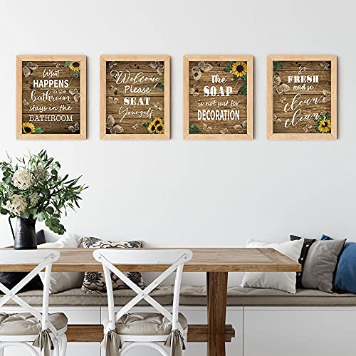 IIILUYOT Sunflower Bathroom Signs Decor Art Prints, Funny Bathroom Decor Sign Rustic Farmhouse Vintage Wood Butterfly Bathroom Wall Decorations Set of 4 Set of 4 (8”X10”) Unframed