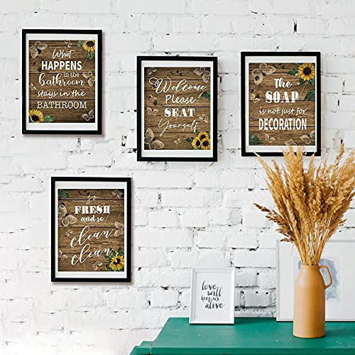 IIILUYOT Sunflower Bathroom Signs Decor Art Prints, Funny Bathroom Decor Sign Rustic Farmhouse Vintage Wood Butterfly Bathroom Wall Decorations Set of 4 Set of 4 (8”X10”) Unframed