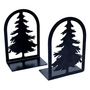 hômbase decorative bookends for heavy books, paperbacks, hardcovers, encyclopedias, cookbooks – 2x beautiful spruce tree heavy duty anti-slip metal book stoppers for bookcase bookshelves (black)