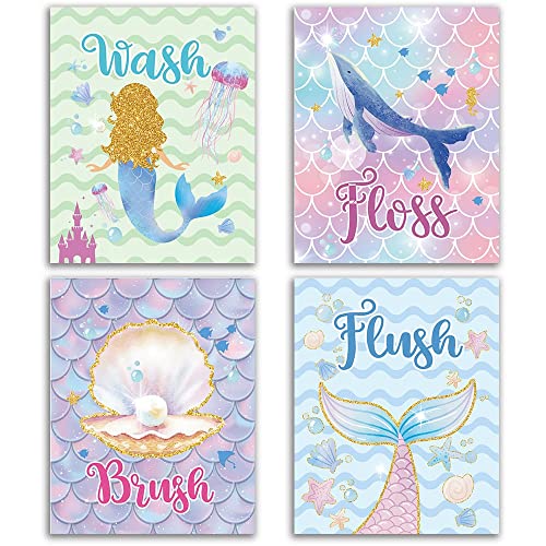 FALJIOK Mermaid Decor, Mermaid Bathroom Wall Art Decors, Ocean Wash Brush Floss Flush Kids Girls Bathroom Under the Sea Rules Wall Signs, Set of 4(8”X10”) Unframed