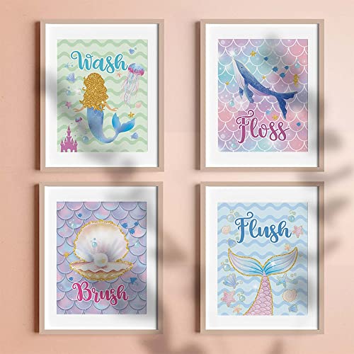 FALJIOK Mermaid Decor, Mermaid Bathroom Wall Art Decors, Ocean Wash Brush Floss Flush Kids Girls Bathroom Under the Sea Rules Wall Signs, Set of 4(8”X10”) Unframed