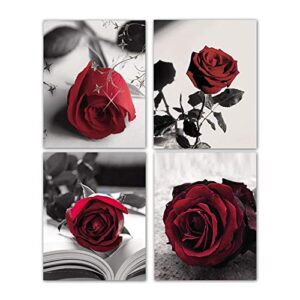 fwk modern black and white photo wall art red rose wall art paintings set of 4 rosy floral photo decor for bedroom living room home decor gift frameless (8 inchx10 inch canvas picture)