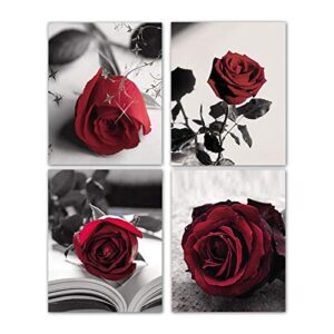 FWK Modern Black And White Photo Wall Art Red Rose Wall Art Paintings Set of 4 Rosy Floral Photo Decor for Bedroom Living Room Home Decor Gift Frameless (8 inchX10 inch Canvas Picture)