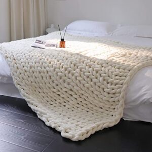 maetoow chenille chunky knit blanket throw （50×60 inch）, handmade warm & cozy blanket couch, bed, home decor, soft breathable fleece banket, christmas thick and giant yarn throws，cream