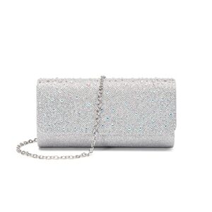 Leanoria Crystal Evening Clutch Silver Purse Chain Shoulder Crossbody Bag Bling Rhinestone Purse for Bride (Silver)