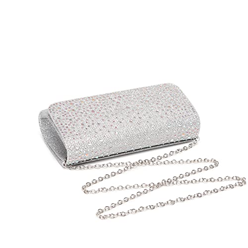 Leanoria Crystal Evening Clutch Silver Purse Chain Shoulder Crossbody Bag Bling Rhinestone Purse for Bride (Silver)