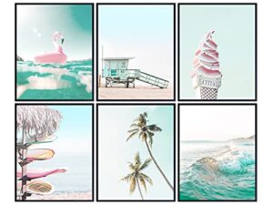 tropical summer wall art set – 8×10 nautical ocean poster prints for beach house decor, home decoration – cool chic gift – unframed nautical photo pictures – flamingo, palm tree, wave, water