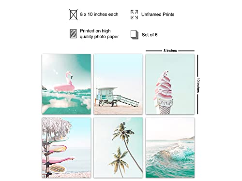 Tropical Summer Wall Art Set - 8x10 Nautical Ocean Poster Prints for Beach House Decor, Home Decoration - Cool Chic Gift - Unframed Nautical Photo Pictures - Flamingo, Palm Tree, Wave, Water