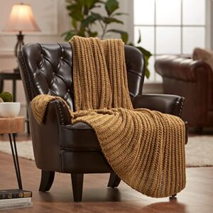 chanasya chunky knit fluffy gold yellow throw blanket – contemporary textured super soft warm cozy plush lightweight acrylic knitted blanket for couch bed sofa chair cover living bed room – golden