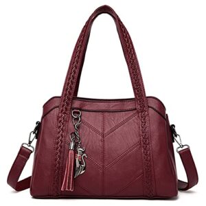 fivelovetwo women purse and handbags fashion tote pu stiching top handle satchel shoulder bag with ornaments burgundy