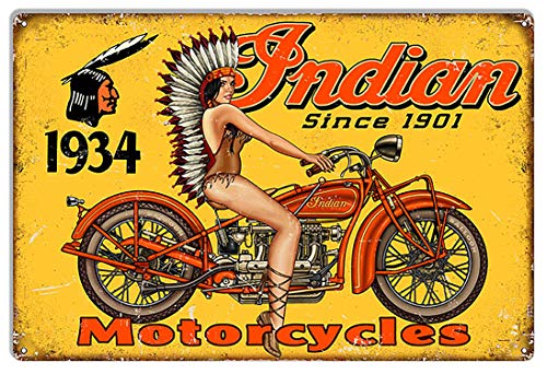 YTOMEAT Indian Motorcycle Pin Up Girl Garage Metal Sign Funny Tin Sign Bar Pub Diner Cafe Wall Decor Home Decor Art Poster Retro Vintage 8x12 Inches