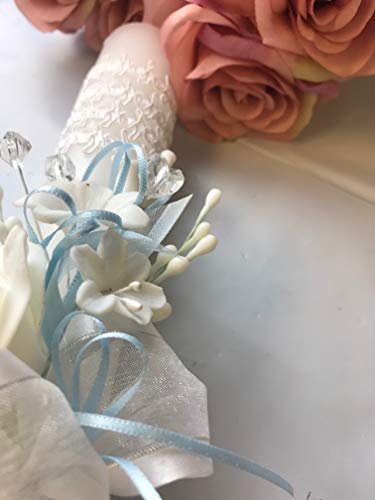 OOKi- Baptism Candle Flowers Crystals Cross lace and Ribbon Favor,Christening,Blessing Day,Communion Candle,Christening Ceremony Candle (Blue)