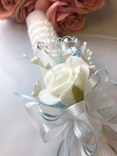 OOKi- Baptism Candle Flowers Crystals Cross lace and Ribbon Favor,Christening,Blessing Day,Communion Candle,Christening Ceremony Candle (Blue)