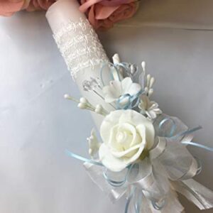 OOKi- Baptism Candle Flowers Crystals Cross lace and Ribbon Favor,Christening,Blessing Day,Communion Candle,Christening Ceremony Candle (Blue)