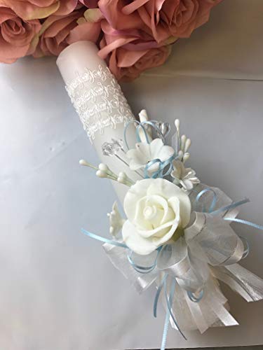 OOKi- Baptism Candle Flowers Crystals Cross lace and Ribbon Favor,Christening,Blessing Day,Communion Candle,Christening Ceremony Candle (Blue)