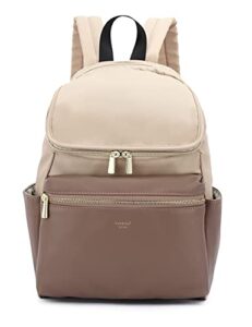 kah&kee backpack for women fashion waterproof school bag multiple compartments 10 pockets fake-leather nylon stitching (light beige/beige)