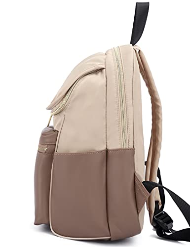 Kah&Kee Backpack for Women Fashion Waterproof School Bag Multiple Compartments 10 Pockets Fake-Leather Nylon Stitching (Light Beige/Beige)