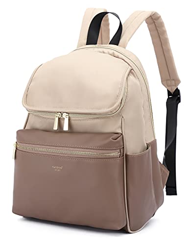 Kah&Kee Backpack for Women Fashion Waterproof School Bag Multiple Compartments 10 Pockets Fake-Leather Nylon Stitching (Light Beige/Beige)