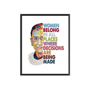 dapa gl 11x14 inch ruth bader ginsburg quote print, feminist art, women belong in all places where decisions are being made, colorful portrait decor unframed