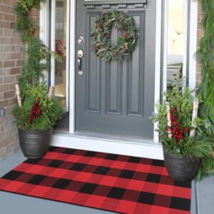 buffalo plaid outdoor rug runner 24” x51”, collive christmas black/red cotton woven checkered welcome door mat, washable indoor floor rugs for porch kitchen bathroom laundry living room decor