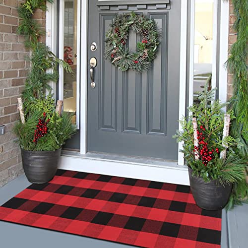 Buffalo Plaid Outdoor Rug Runner 24'' x51'', Collive Christmas Black/Red Cotton Woven Checkered Welcome Door Mat, Washable Indoor Floor Rugs for Porch Kitchen Bathroom Laundry Living Room Decor